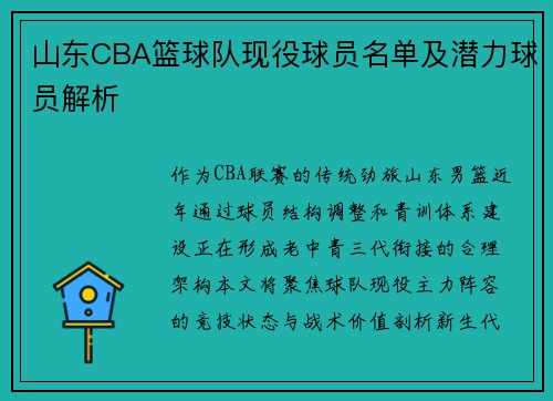 山东CBA篮球队现役球员名单及潜力球员解析